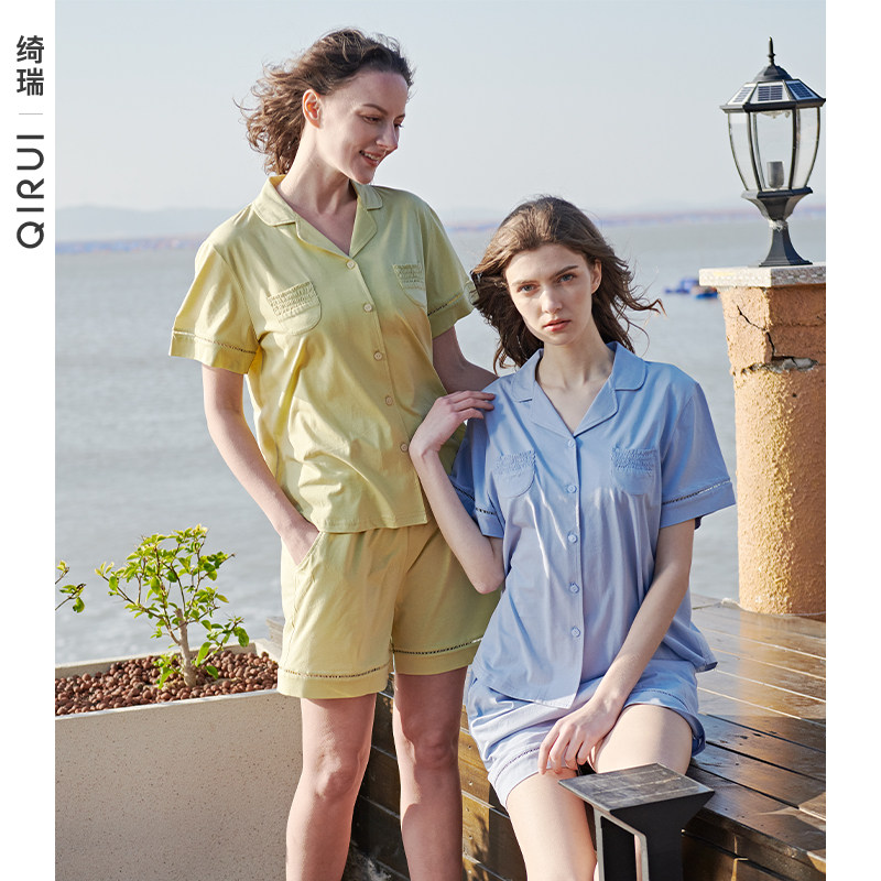 绮瑞睡衣女夏纯棉短袖短裤女款夏季全棉薄款开衫家居服套装冰凉感