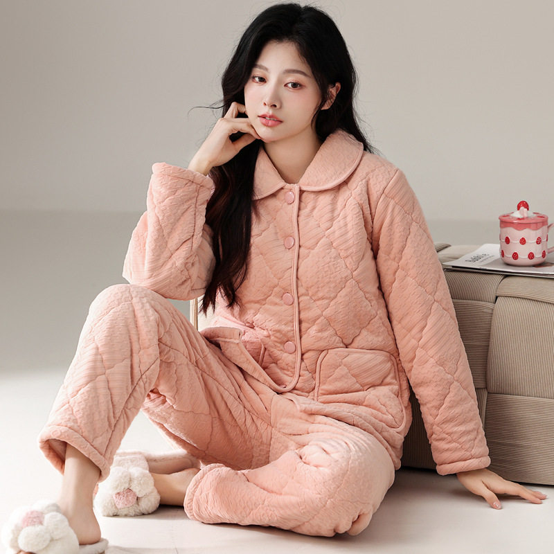 绮瑞秋冬女珊瑚绒夹棉睡衣加厚加绒女款冬季棉袄套装家居服
