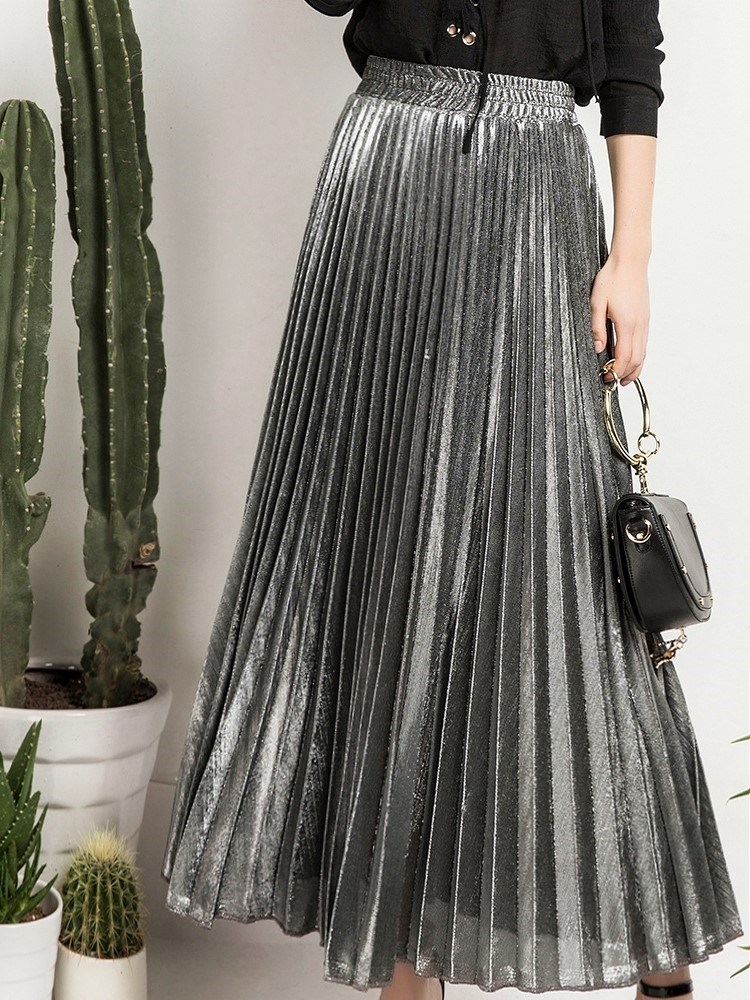 women retro long skirt 金属色半身裙松紧腰A字显瘦百褶裙在类目 女装/女士精品, 半身裙中 - 来自Buy2taobao.com提供专业的淘宝代购服务