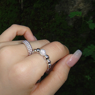 折射水晶球 黄打屁超闪韩925通体全银雪球指环大圈口可调节开口戒