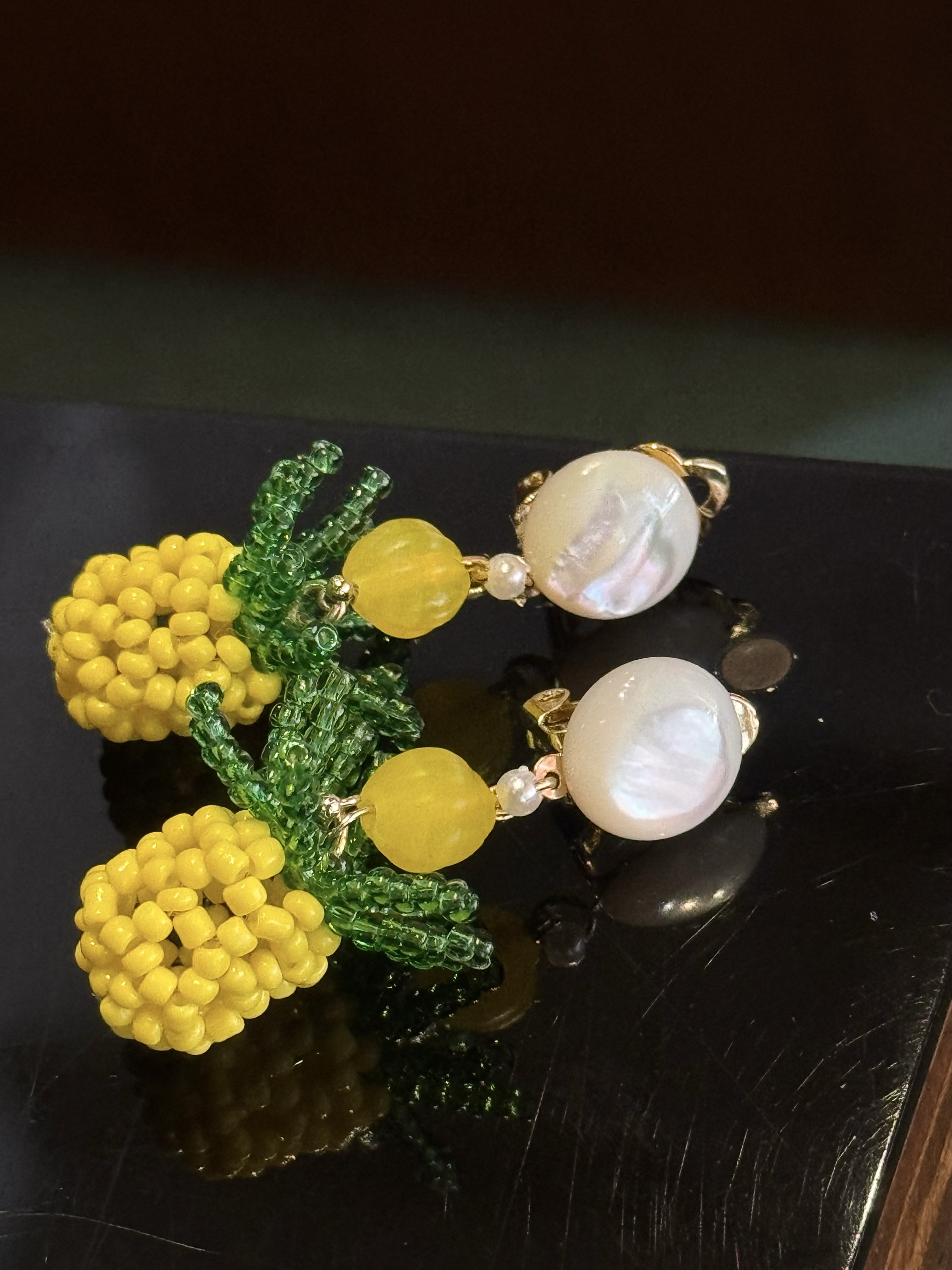 甜腻菠萝汁黄打屁原创设计夏可爱甜美串珠浪漫百搭925银耳钉耳夹