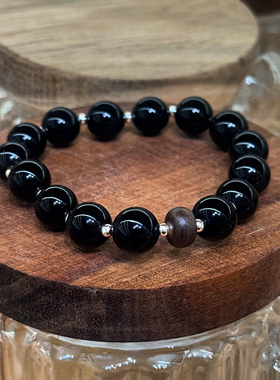 点墨 黄打屁小众设计黑玛瑙檀木平安顺遂强化精神质百搭925银手串