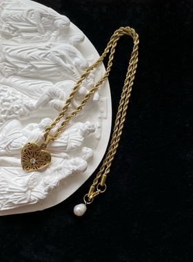 黄打屁钛钢珍珠叠戴爱心项链