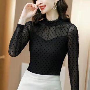 网纱打底衫女2025新款2024新款时尚外穿气质显瘦植绒印花洋气上衣