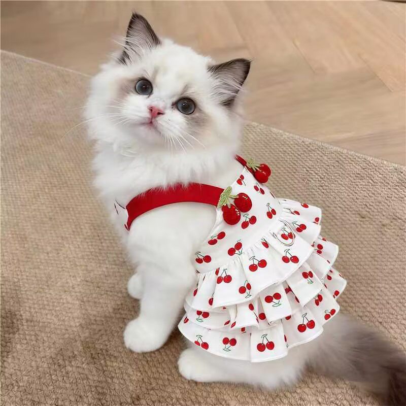 猫咪樱桃吊带裙子春夏季薄款小猫布偶英短银渐层德文防掉毛衣服饰