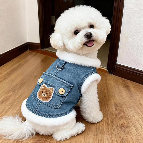 狗狗衣服冬季加厚牛仔可牵引马甲