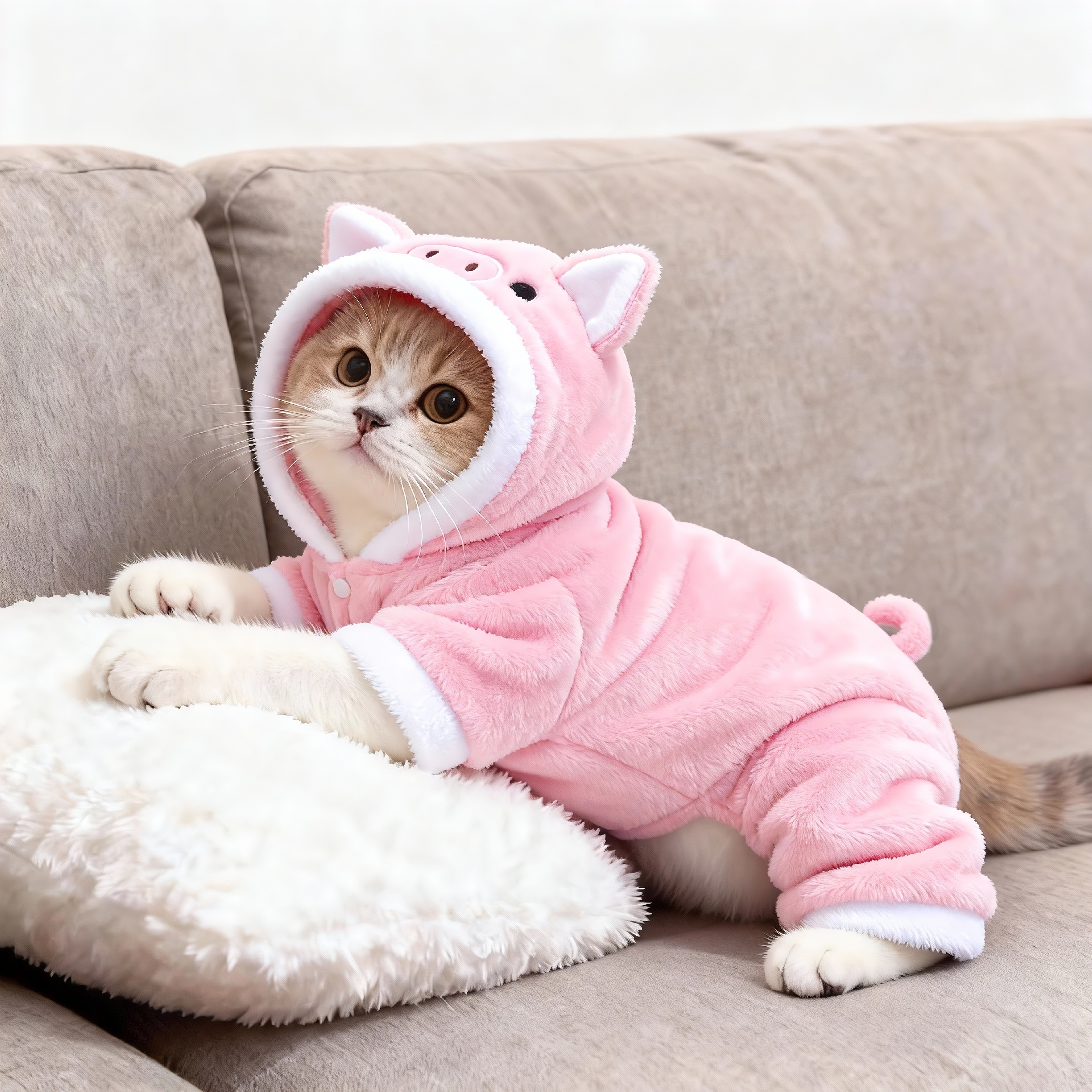 秋冬款加绒猫咪带帽四脚小猪衣服