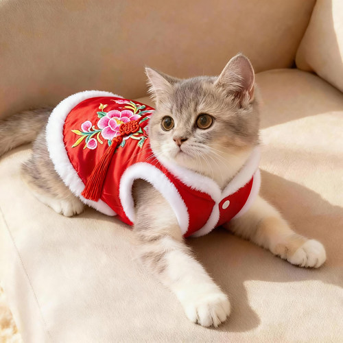 猫咪衣服加绒保暖牡丹花新年喜庆唐装英短金渐层德文防掉毛小猫装