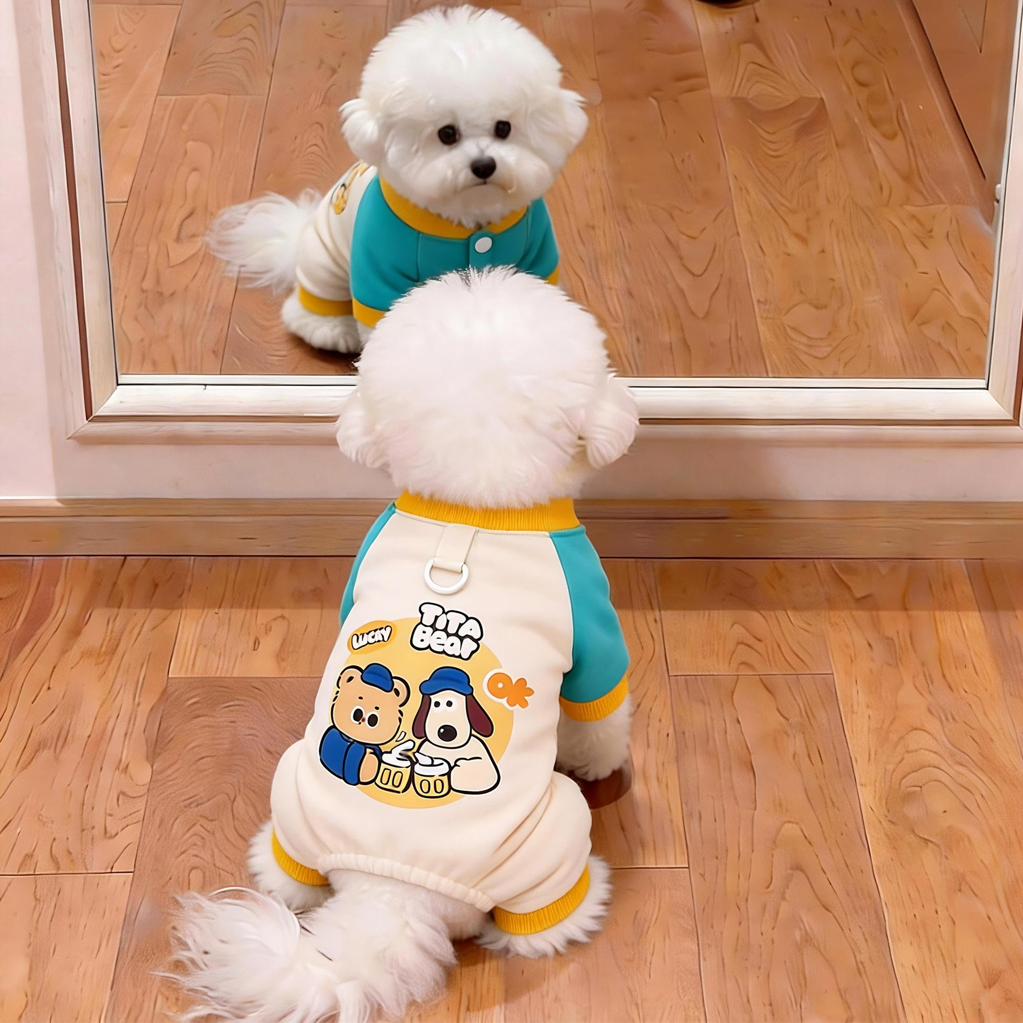 小狗狗衣服可牵引秋冬印花小熊四脚衣比熊泰迪柯基宠物幼犬猫咪装
