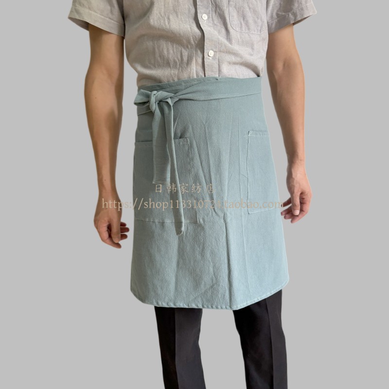 日系文艺棉麻半身围裙咖啡店花艺画室工作服C淡抹茶绿四季款