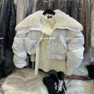 2025冬季新款羊羔毛大翻领短款白鸭绒羽绒服女加厚保暖小个子外套