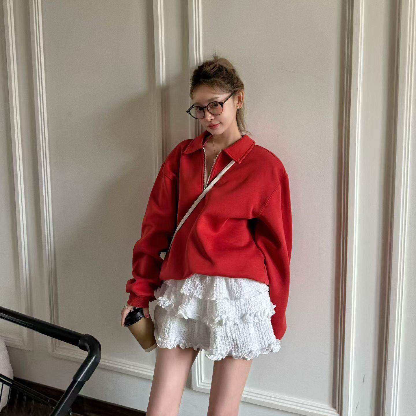 2026春季韩版学院风polo翻领半拉链宽松长袖卫衣女红色洋气上衣潮