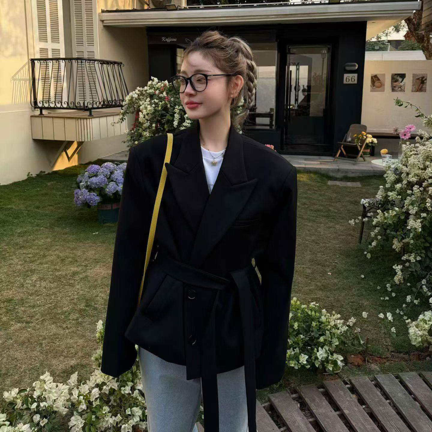 2026春季新款黑色西装外套女百搭修身绑带收腰通勤职业装高级西服