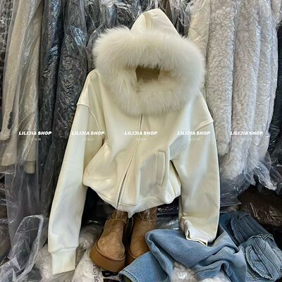 冬休闲连帽狐狸毛领加绒短外套女