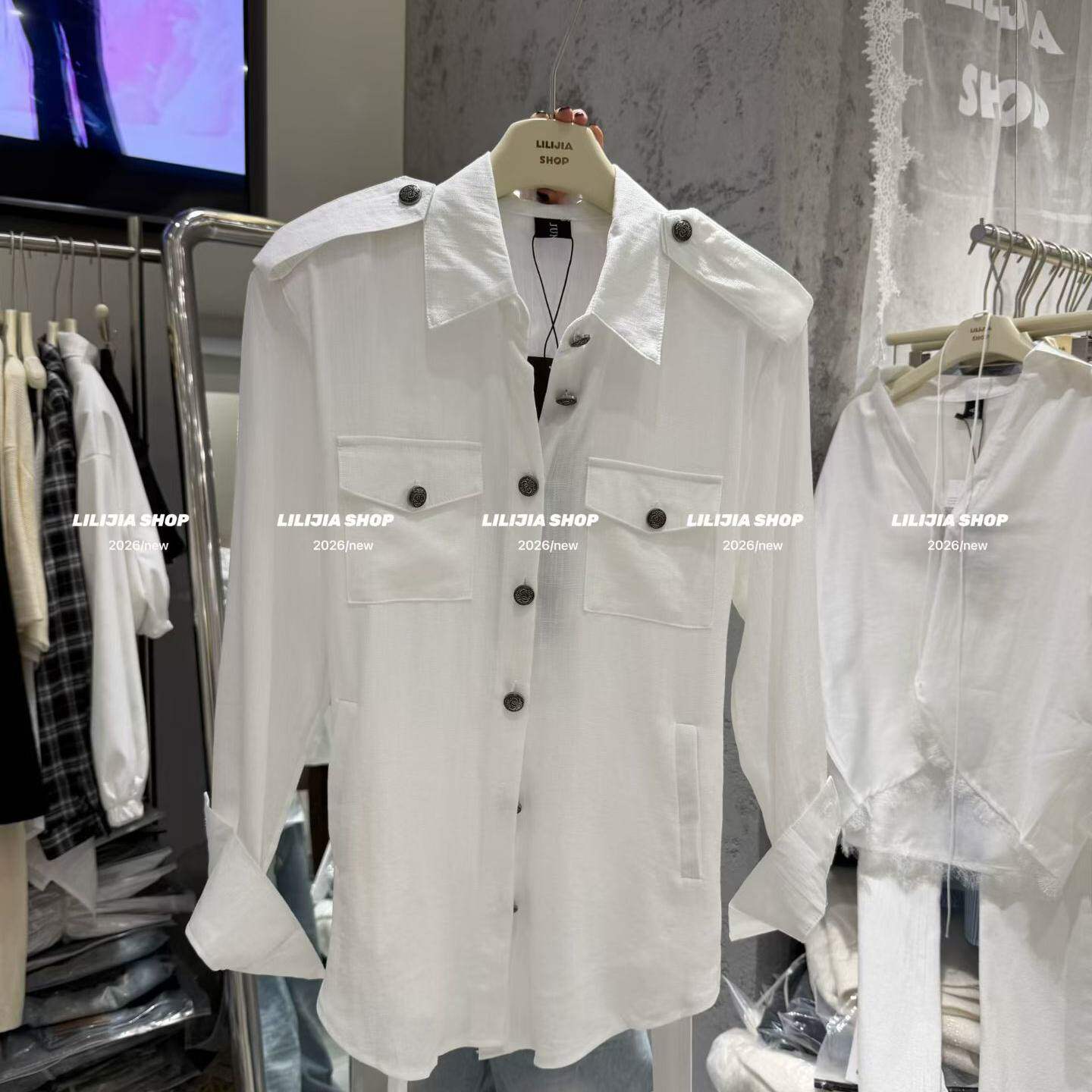 2026春季新款韩版通勤风白色POLO领长袖衬衫女宽松设计感收腰绑带