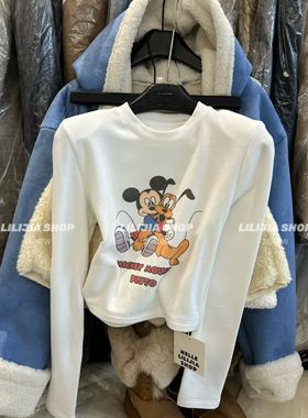韩式卡通米奇印花长袖T恤女冬2025白色圆领修身洋气短款磨毛上衣