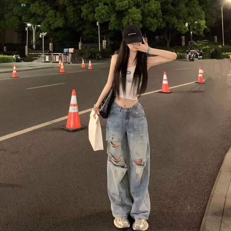 浅蓝色美式复古破洞牛仔裤女2026高腰阔腿裤做旧水洗显瘦直筒长裤