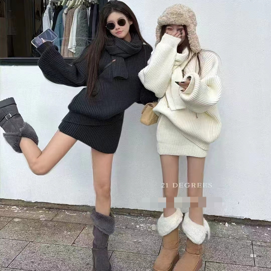 松弛风圆领针织毛衣围巾显瘦半身裙女2025冬季保暖三件套时尚套装