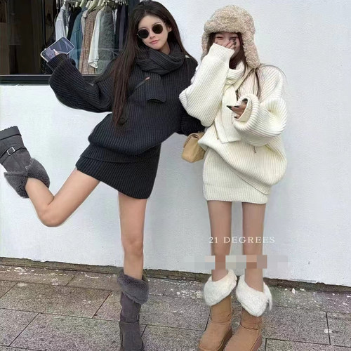 2025冬季保暖毛衣围巾半身裙三件