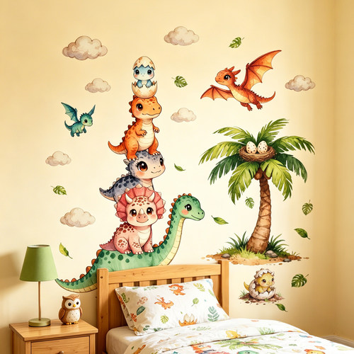 Watercolor Stacked Baby Dinosaur Cloud Palm Tree