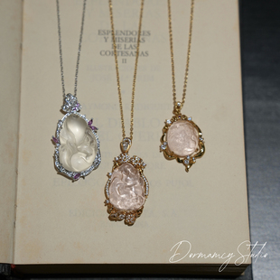 「美狐系列」原创设计天然粉水晶玉髓青丘小狐狸九尾狐镀金项链女