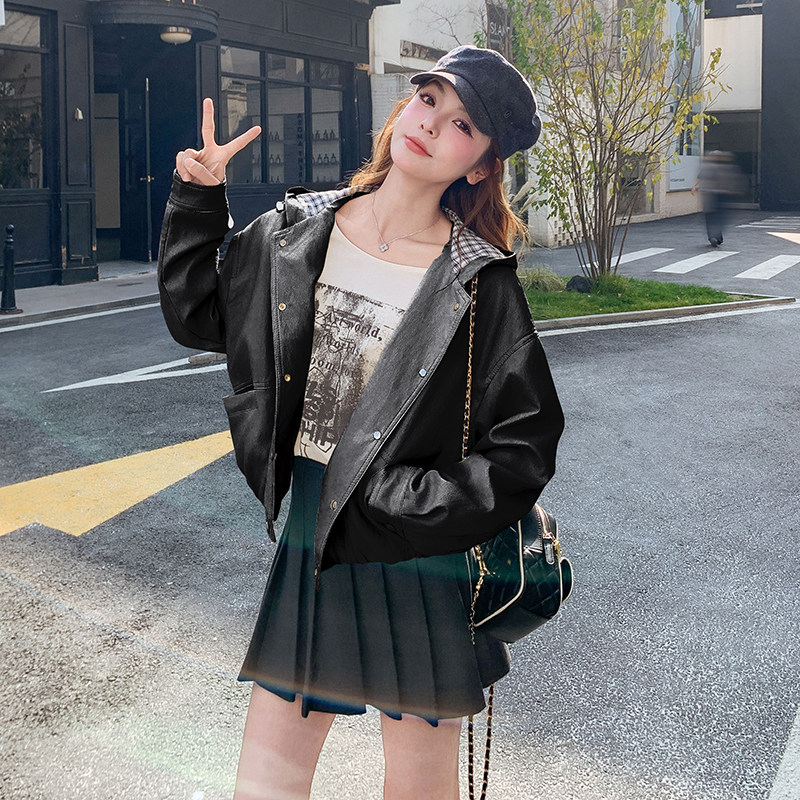 2026新款现货韩版格纹连帽拼接皮衣外套1535202P155K248，女装皮衣，浙宝153