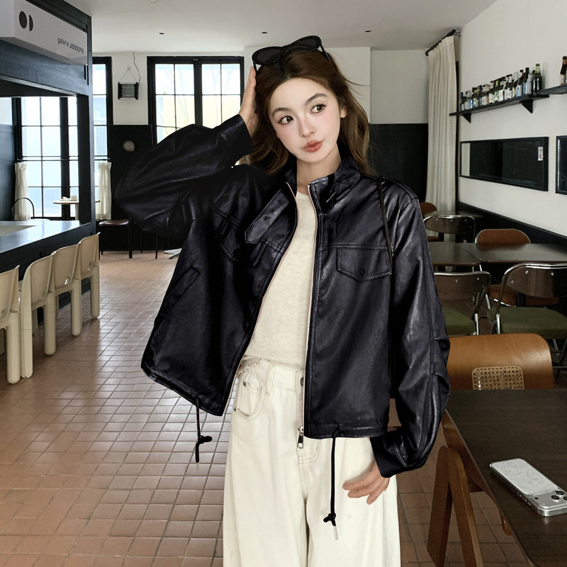 2026春季新款现货韩版抽绳立领皮衣外套1535211P150K248，女装皮衣，浙宝153
