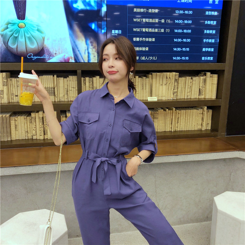 现货2022时尚短袖连身裤纯色工装套装连衣裤B1538812P95控158,女装连体裤,浙宝153