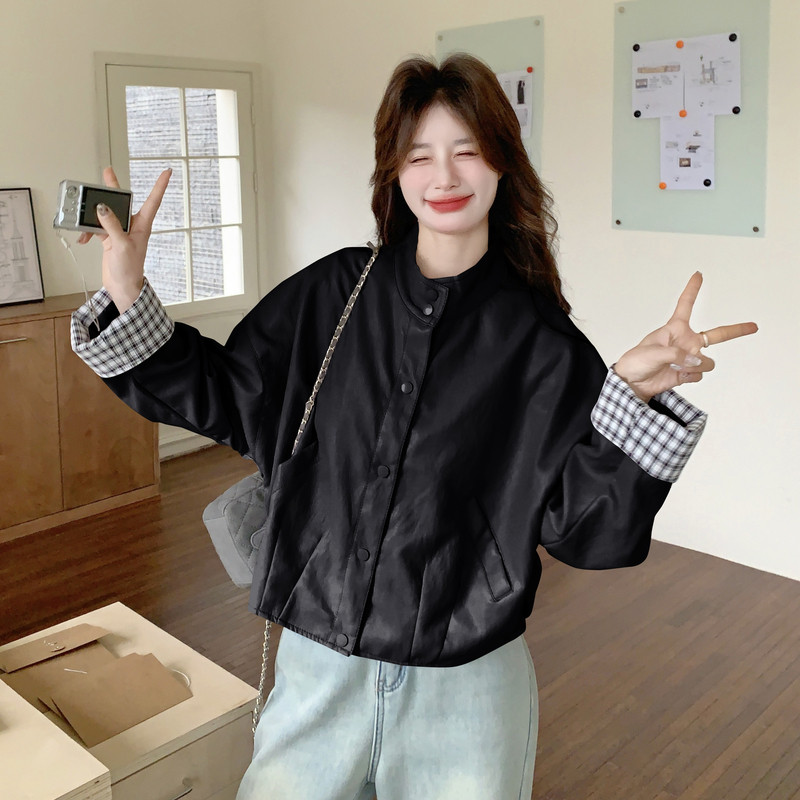 2026春季新款现货立领格纹拼接皮衣外套1535205P155K248，女装皮衣，浙宝153