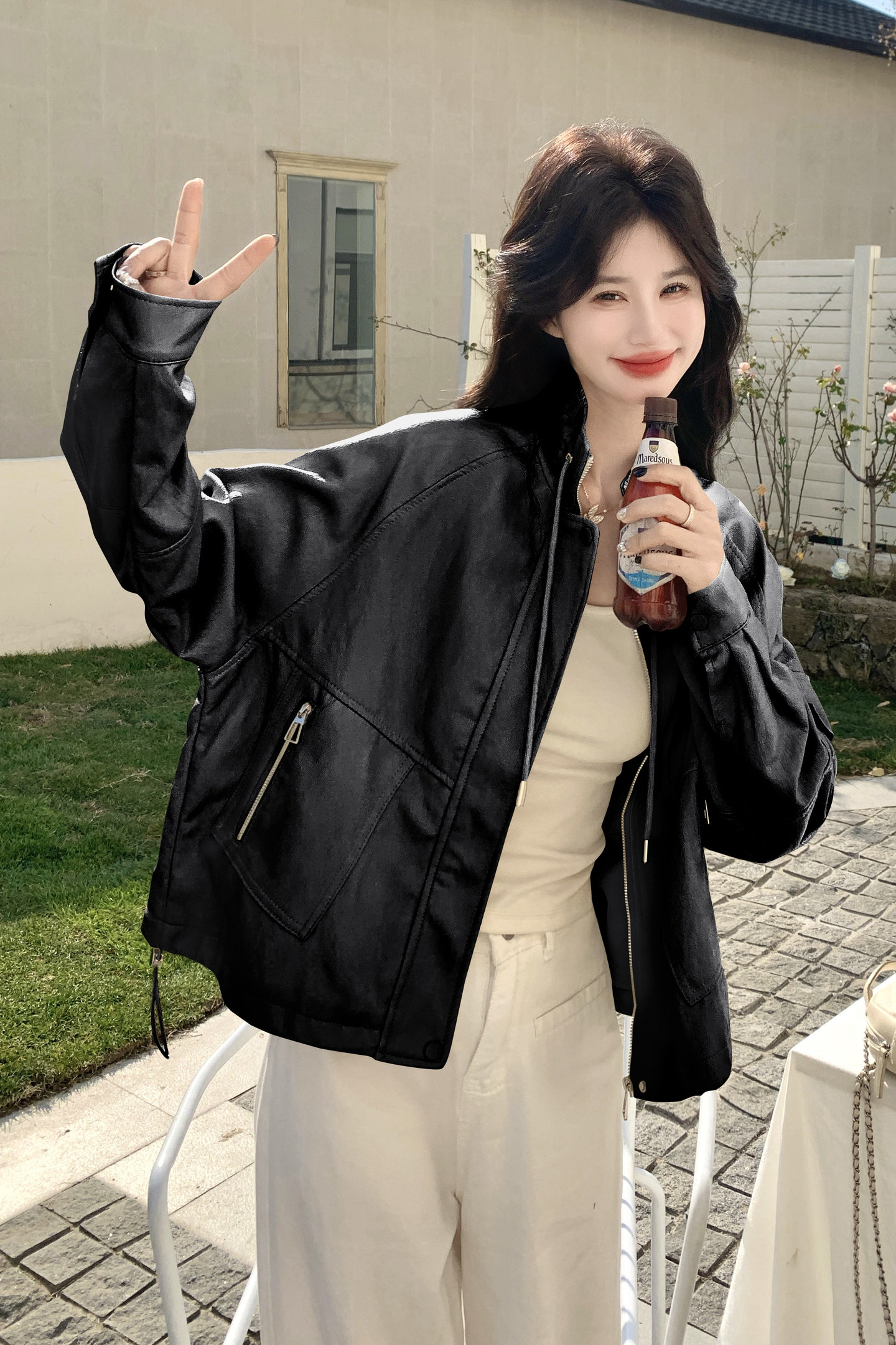 2026春季新款现货韩版立领抽绳宽松皮衣外套1535218P160K258,女装皮衣,浙宝153