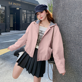 2026新款现货韩版格纹连帽拼接皮衣外套1535202P155K248，女装皮衣，浙宝153