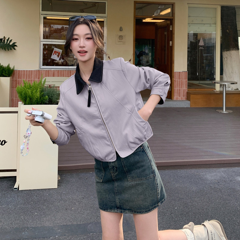 2026春季新款现货韩版牛仔领拼皮衣外套1535209P150K248，女装皮衣，浙宝153