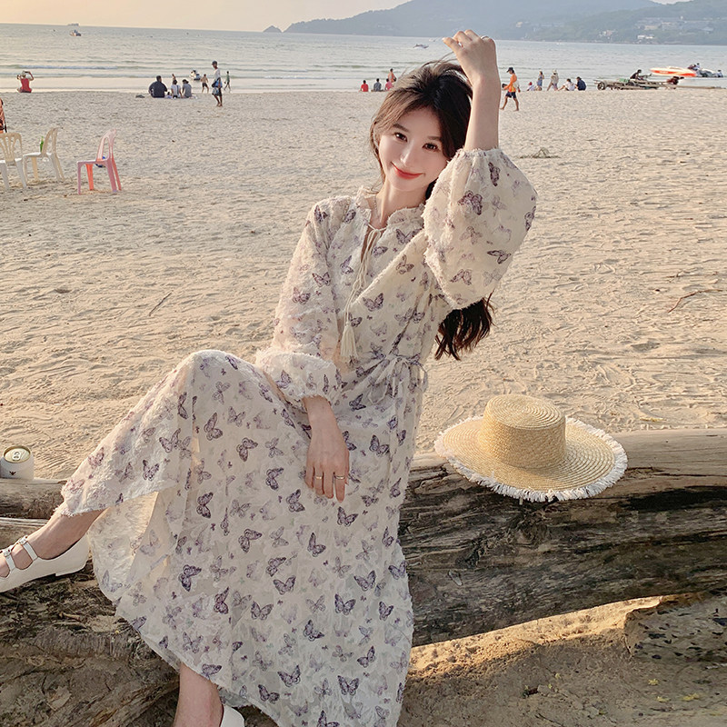 新款现货有买家秀紫色蝴蝶温柔风连衣裙1532422P125控188,女装连衣裙,浙宝153
