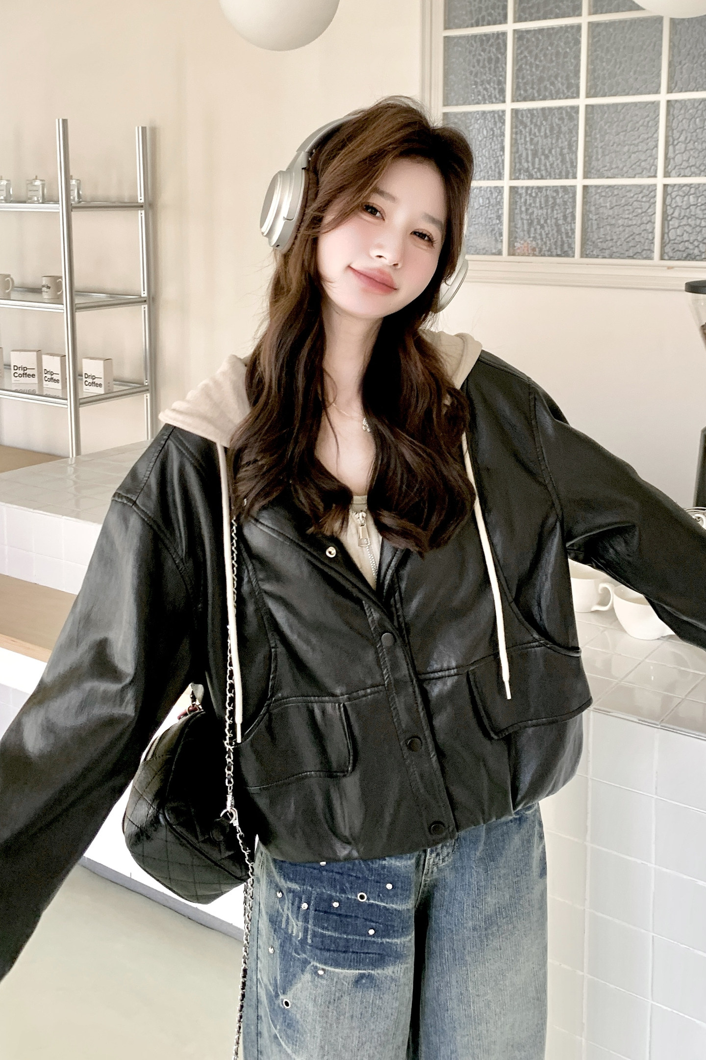 2026新款现货韩版宽松连帽假两件皮衣外套1535217P165K268,女装皮衣,浙宝153