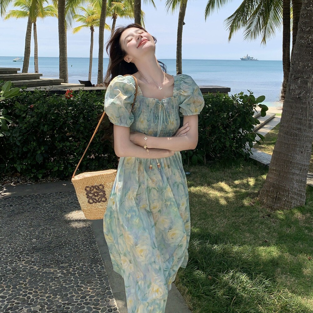 夏季新款现货法式油画泡泡袖连衣裙1532627P125K188,女装连衣裙,浙宝153