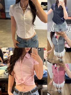 小海鸥2025夏季复古格子短袖衬衫女装辣妹修身polo领系带收腰上衣