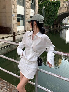 白色长袖衬衫连衣裙女2024早秋新款韩版时尚显瘦收腰小个子短裙子