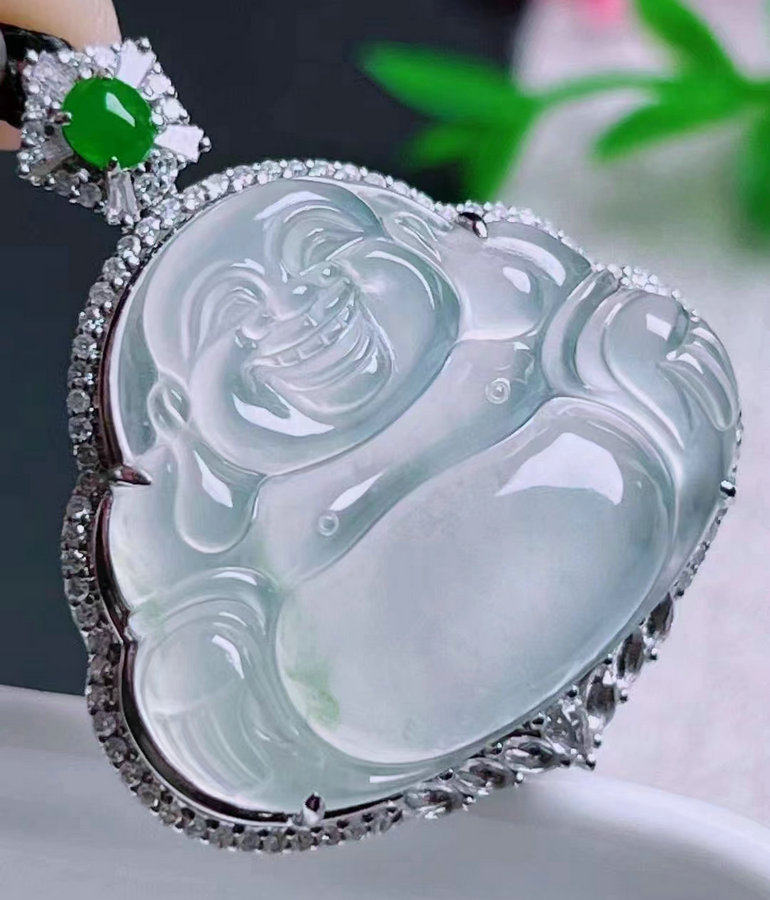 缅甸翡翠18K金钻镶嵌高冰佛公吊坠白金镶嵌弥勒佛挂件送证书包邮