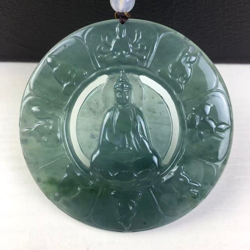 天然危料翡翠a货冰种蓝水观音菩萨吊坠圆形玉佩之八大守护神挂件