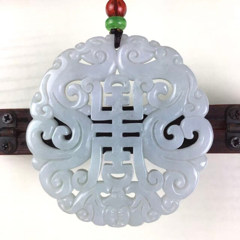 天然缅甸翡翠镂空仿古寿牌吊坠双龙护主玉佩延年益寿福在眼前挂件