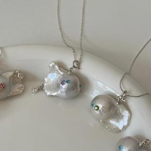 原创设计s925纯银纯手工镶嵌双面大巴鱼天然淡水珍珠项链小众高级