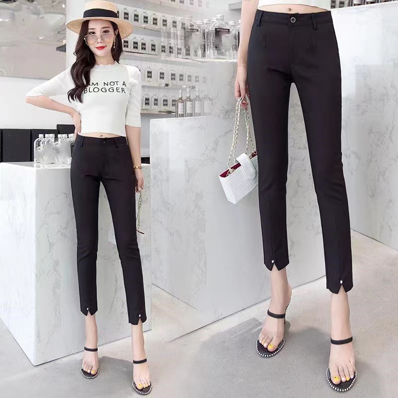 2023春夏新款九分裤女修身职业OL西装裤镶钻开叉小脚显瘦休闲裤薄