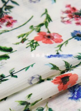 垂感微透 白色彩色花朵印花竖纹肌理双绉垂缎面料衬衫连衣裙布料