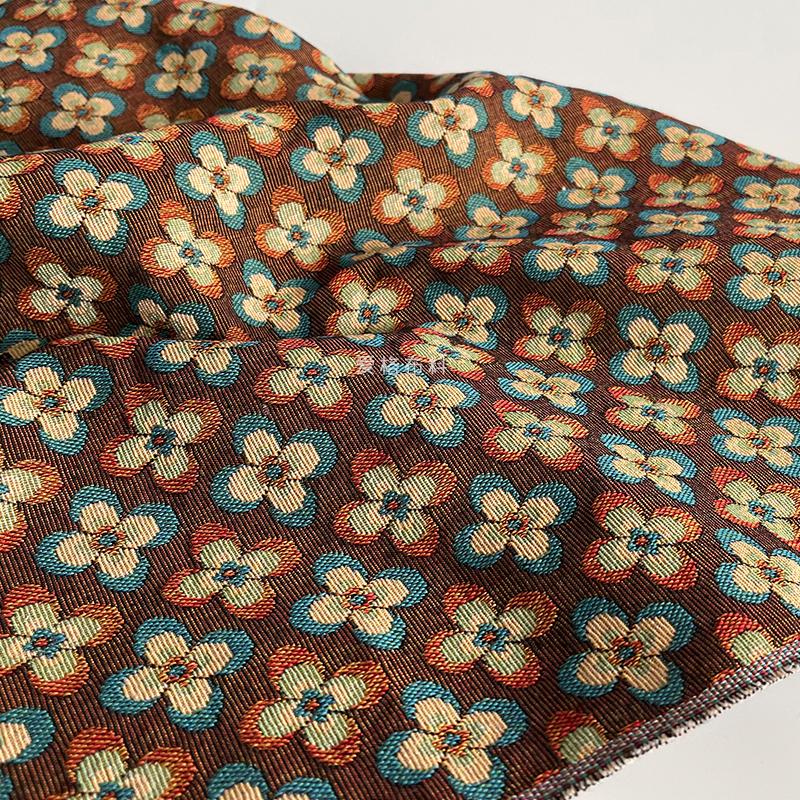 红棕撞色 加厚硬挺廓形复古小花提花面料春秋服装外套包包布料