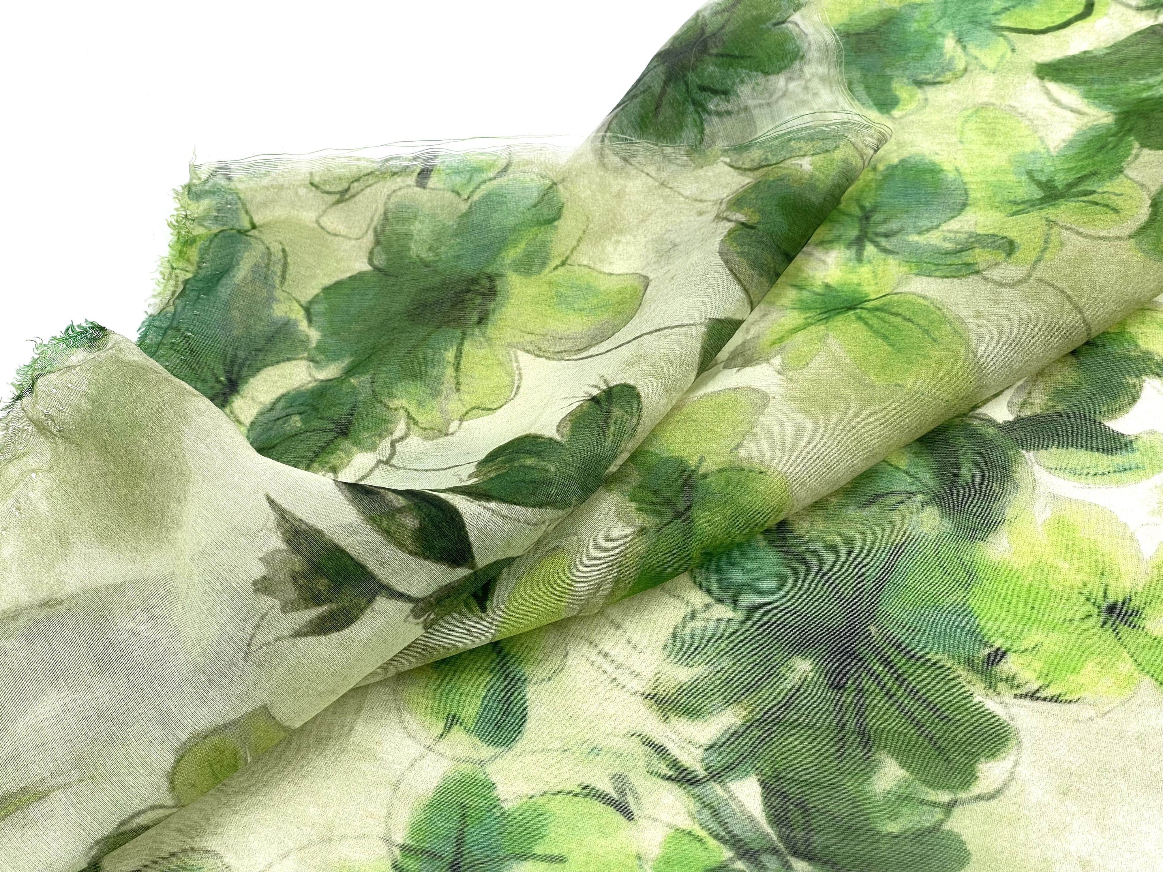 半透亲肤 绿色晕染花朵印花真丝天丝麻亚麻面料连衣裙旗袍布料diy