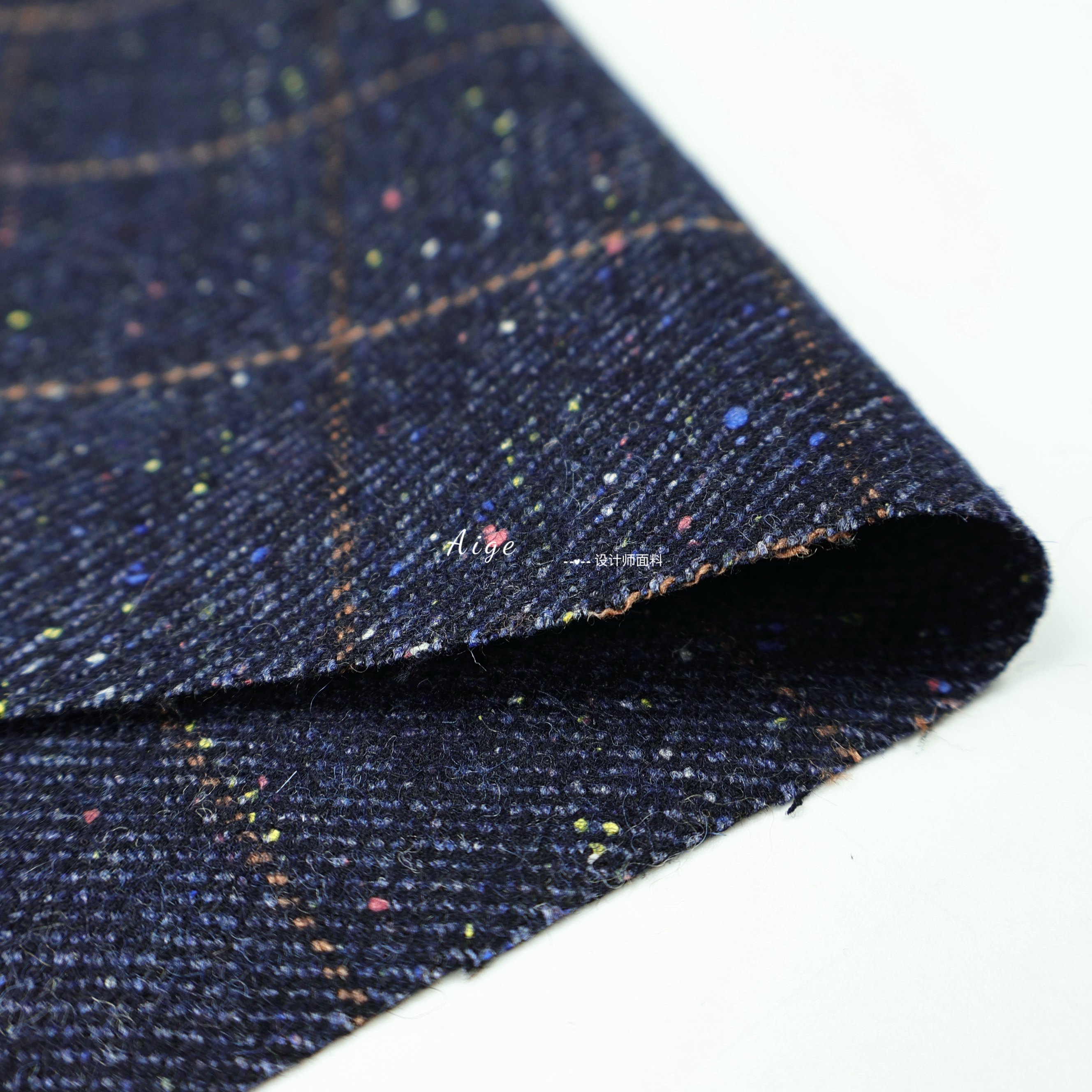 进口限量微弹力 深蓝色彩点格纹精纺毛呢羊毛毛料面料西装裤布料