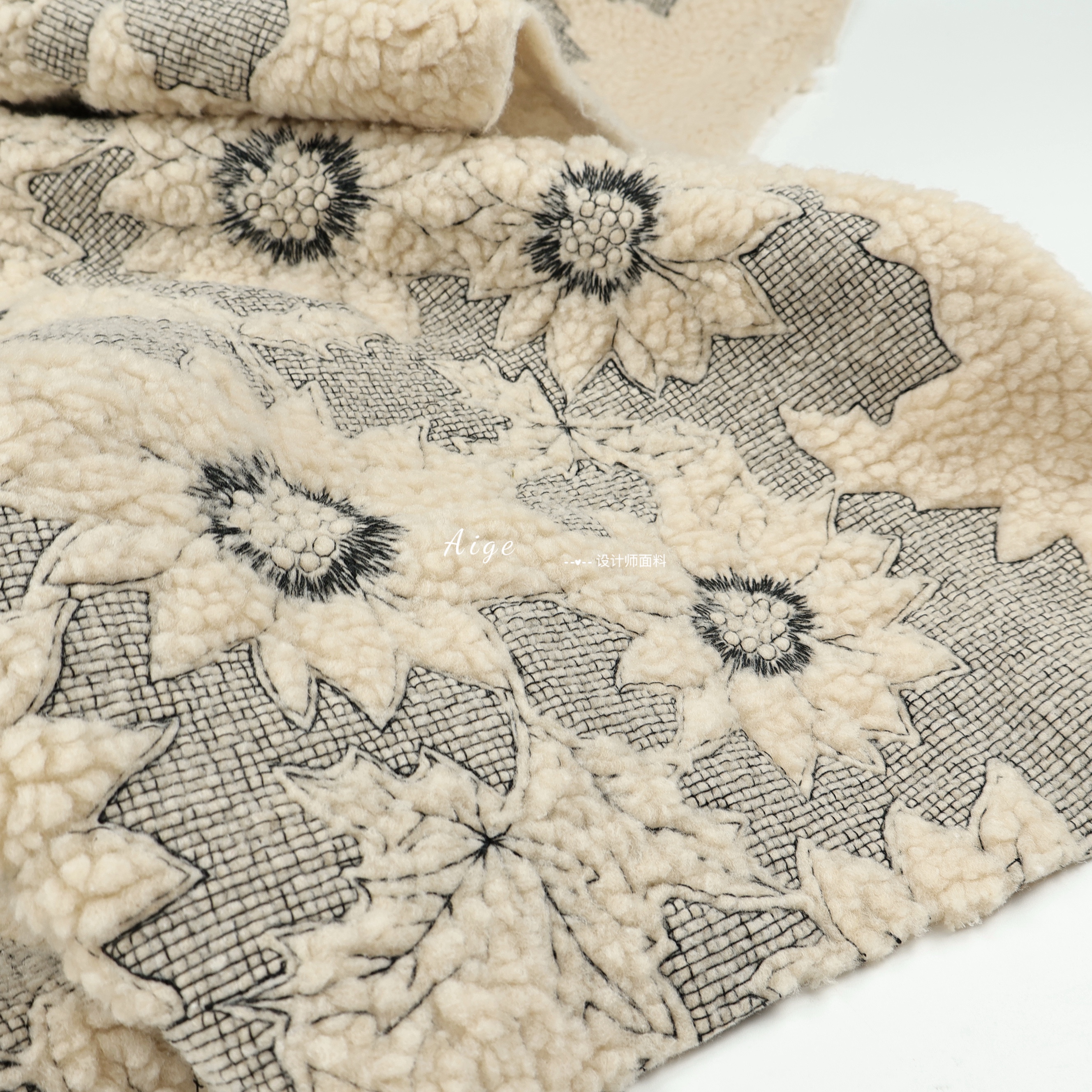 品牌原单 杏色向日葵立体刺绣仿羊毛羊羔毛面料外套保证包包布料