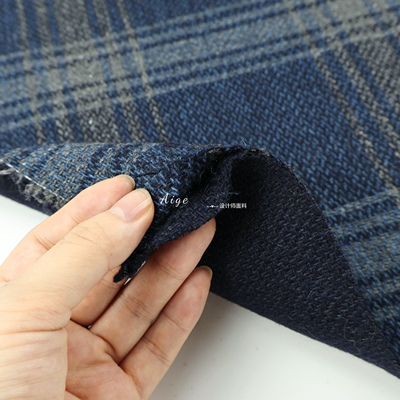 原装进口 深蓝色格纹双层可拨开双面羊毛呢面料大衣外套布料diy