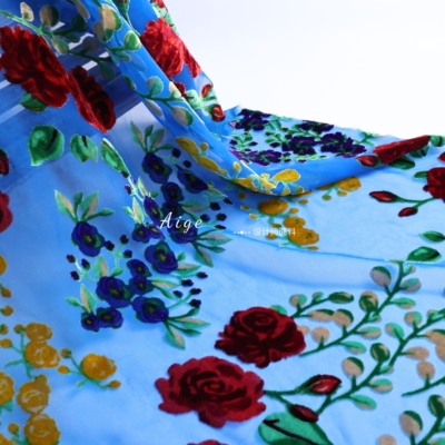 高品质 宝蓝色彩色涤棉植绒丝绒绣花雪纺面料旗袍连衣裙衬衣布料