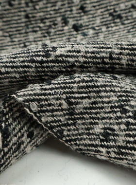 uwang风 黑白混色斜纹亮丝立体圈圈羊毛毛料面料大衣外套风衣布料